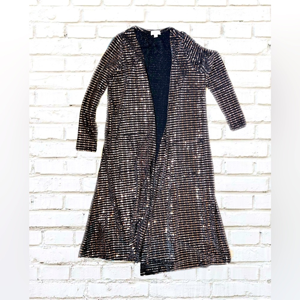Elegant long duster cardigan GORGEOUS black & rose gold size S